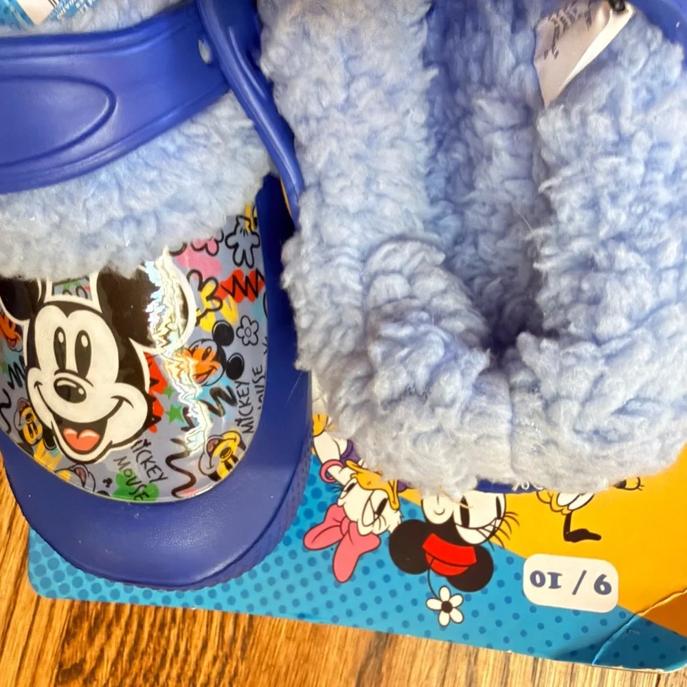 Disney Blue Mickey Mouse Fuzzy Lined Clogs with Yellow Accent
